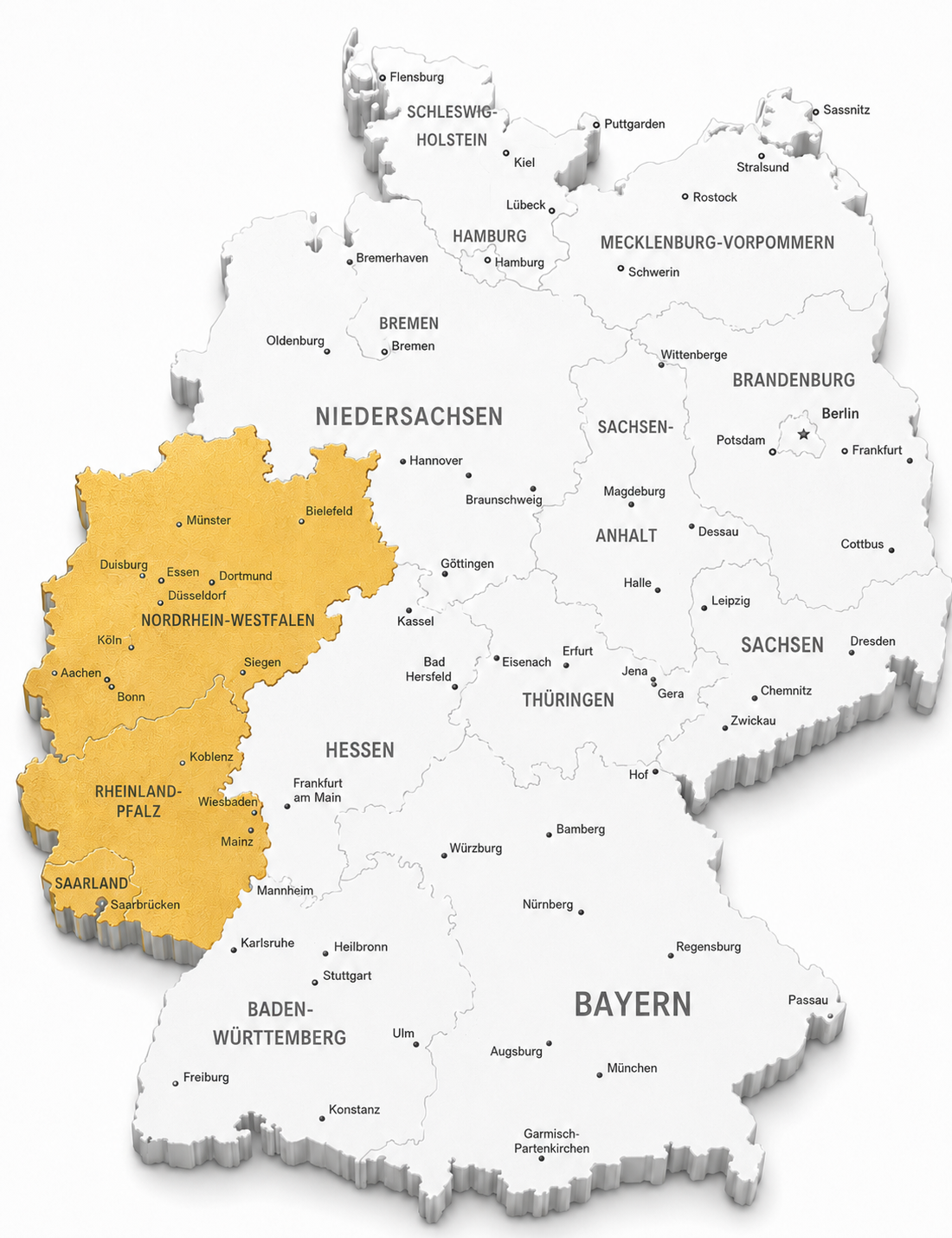 Karte Deutschland – unsere Vertriebsgebiete in Nordrhein-Westfalen, Rheinland-Pfalz und Saarland